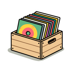 vector cartoon illustration of a wooden record crate, records stack
