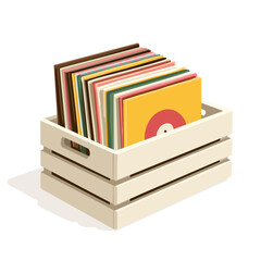 stack of vinyl records in a wooden crate, isometric vector  style
