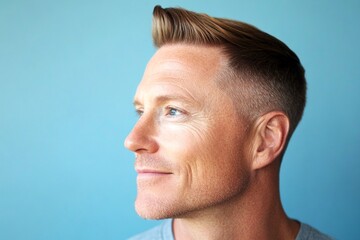 Fototapeta premium A fashionable and chic male posing elegantly. Conceptual art of style for aging men. Blue solid background. Chic men's short caesar haircut - midlife white man with blond hair.