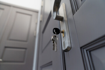 close up of modern apartment door with key in lock, secure entrance with silver handle and dark...