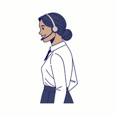 Smiling woman in customer care role using microphone headset on bright white background