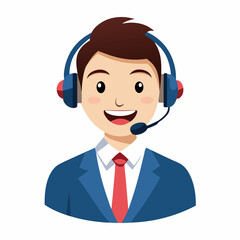 Smiling young call center representative in headset communicating effectively on white backdrop
