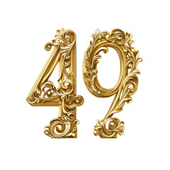 Ornate Golden Number 49 Isolated Against Transparent Background with Detailed Floral Design Elements