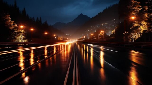 Time-lapse of highway at night with glowing car light trails and wet asphalt reflecting city lights.