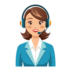Positive woman customer care representative with microphone headset providing support on white backdrop