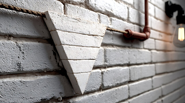 Interior white brick wall with triangular element and edison bulb fixture