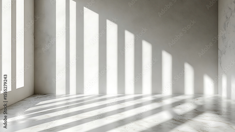 Poster interior with natural light streaming through windows creating shadow patterns on a textured wall an