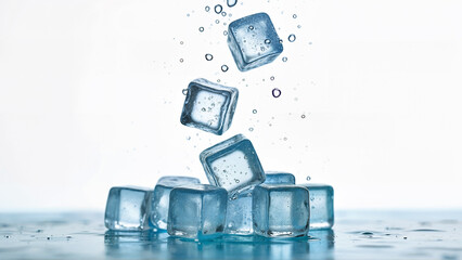 Multiple sweet ice cubes falling and splashing on a wet, isolated white background. For illustrating freshness, cold drinks, or beverage concepts.