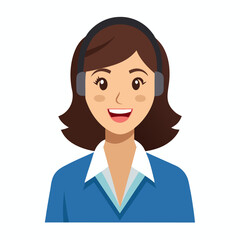Female customer support professional with microphone smiling confidently on white studio backdrop