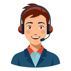 Friendly male customer support agent smiling warmly while using headset on clean white backdrop