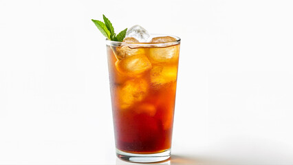 A clear glass filled with sweet iced tea, ice cubes, and a mint garnish is isolated on a white background. Suitable for illustrating refreshing beverages or summer drink concepts.