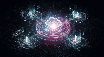 Secure Cloud Computing Network Digital Users Connect via Futuristic Interface with glowing nodes and