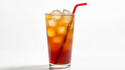 A clear glass filled with sweet iced tea and ice cubes, featuring a red straw, isolated on a white background. Suitable for illustrating cold beverage concepts and drink refreshment.
