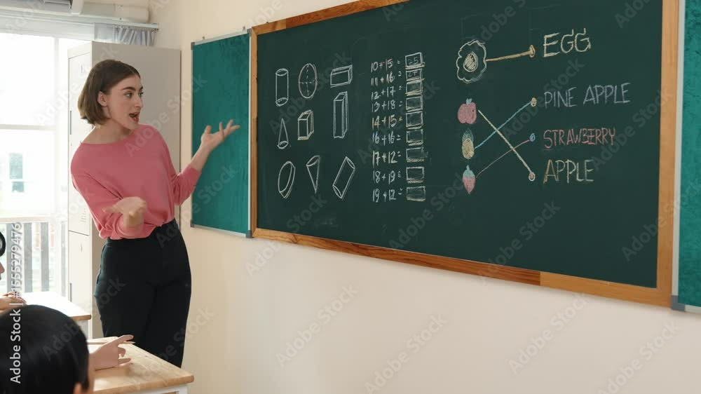 Poster smart teacher pointing blackboard while teacher explain about idea while looking at happy student. p