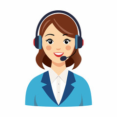 Cheerful female customer service agent holding microphone smiling on white isolated background