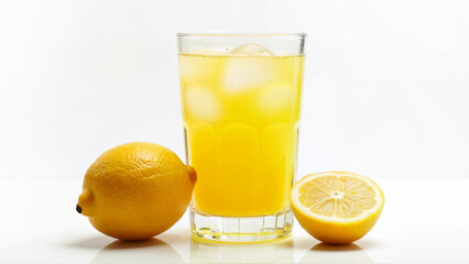 A glass of sweet lemonade with ice is placed beside a whole lemon and a lemon half, isolated on a white background. The image is suitable for illustrating refreshing summer drinks, citrus beverages