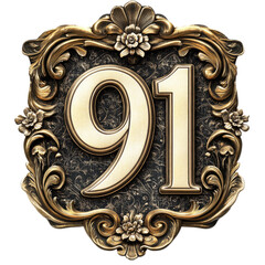 Ornate Golden Ninety-One Emblem with Intricate Floral Scrollwork on Dark Textured Background with Transparent Backdrop
