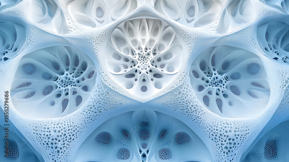 Poster intricate abstract structure featuring organic cellular shapes and blue white gradient aesthetic com