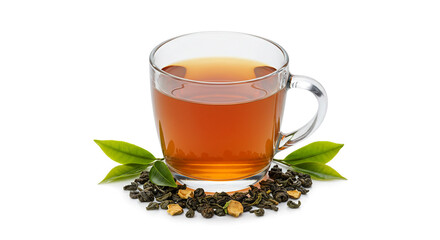 A warm cup of tea, inviting and comforting, perfect for a quiet afternoon, nestled amongst loose tea leaves and fresh green sprigs in bright, clear lighting.