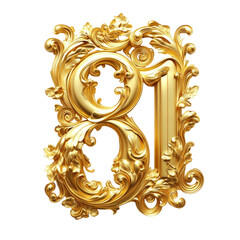 Ornate Golden Number 81 Baroque Floral Frame on Transparent Background Isolated Digital Art