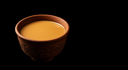 A comforting cup of spiced chai tea, rich and golden in an intricately carved clay bowl against a stark black background.