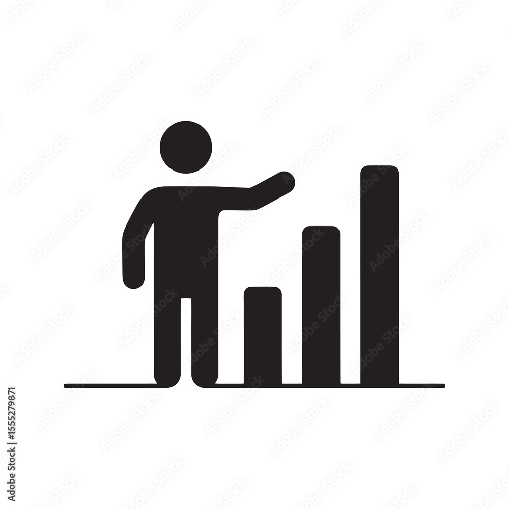 Poster business growth presentation icon with a person pointing to a bar chart representing a financial rep
