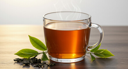 A warm mug of steaming tea, offering comfort and tranquility on a sunlit wooden table, accented by fresh green tea leaves.
