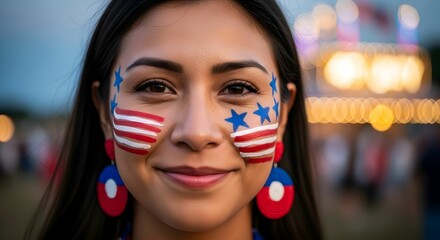 Woman with american flag face paint smiles softly