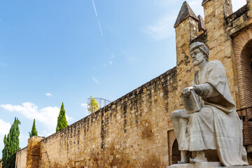 Statue of Averroes next to the old city wall of Cordoba in Andalusia, Spain, Europe