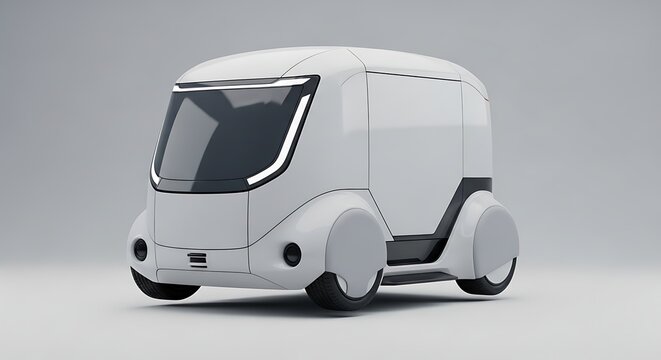 Sleek, futuristic autonomous delivery van design, showcasing innovative transportation technology.
