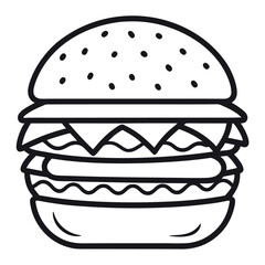 Triple Layer Cheeseburger Outline Icon - Detailed Line Art Vector for Fast Food Menus isolated on white background