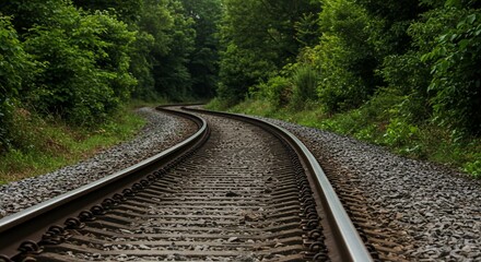 Obraz premium Curving Railway Tracks Disappearing into Lush Green Forest