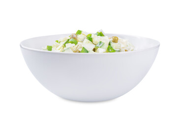 Cabbage cucumber green peas mayonnaise salad in a bowl on a white isolated background