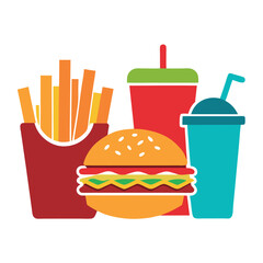 Colorful Fast Food Combo: Hamburger, French Fries, and Beverages Flat Vector Illustration isolated on white background
