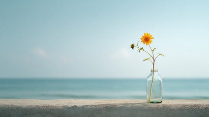 Minimalist Sunflower in Glass Vase by the Sea Under Soft Morning Light