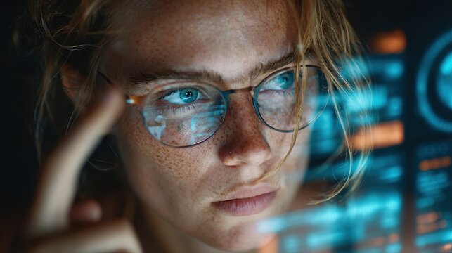 Woman with red hair and freckles analyzes data on computer screens at night in office environment - Powered by Adobe