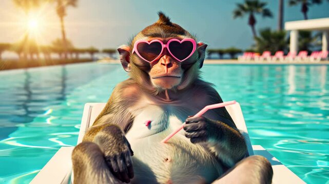 Monkey with heart-shaped sunglasses relaxing on pool lounger, summer vacation mood. Creative summer luxury resort