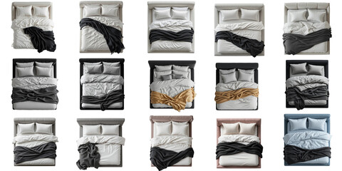 Top-down Modern Designer Bed Set in Neutral, Contrasting Black and White Tones – Transparent Background for Collages and Floor Plan Visualization