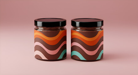 Two jars of chocolate spread with colorful retro wavy patterns on a pink background rendered in 3D isolated on transparent background