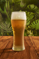 A glass of cold, golden beer, brimming with foam against a backdrop of green plants on a rustic...