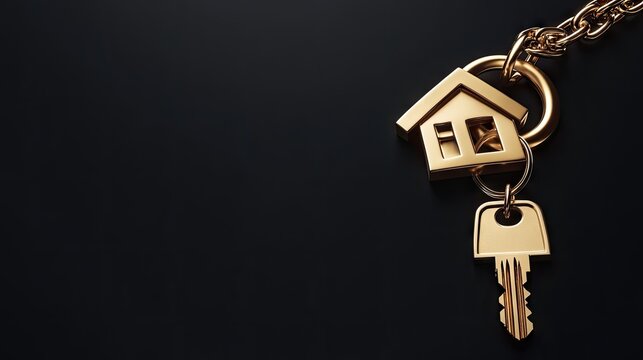 Golden house shaped keychain with keys on a dark background.