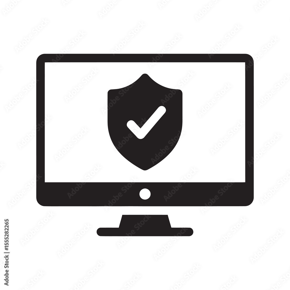 Poster cybersecurity protection icon with computer monitor and shield for online data safety virus preventi