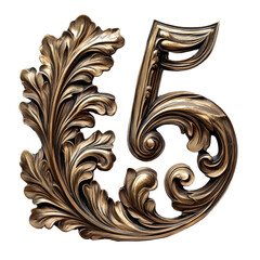 Ornate Golden Number Five with Floral Details on Transparent Background