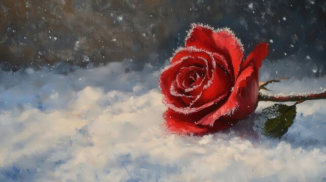 Red rose in snow, detailed winter scene.