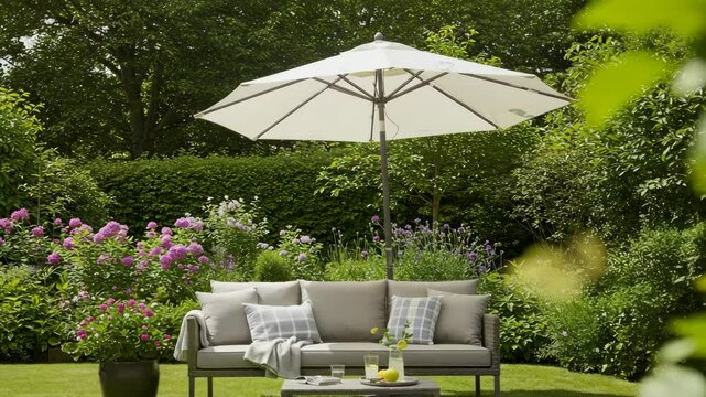 Cozy outdoor seating area with umbrella and flowers in garden  
