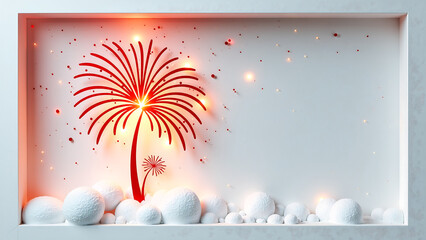delicate rendition winter fireworks erupts snowy background set warm golden light bold red accents