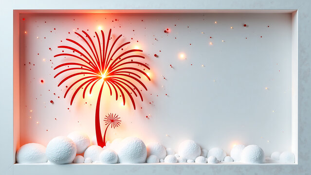 delicate rendition winter fireworks erupts snowy background set warm golden light bold red accents