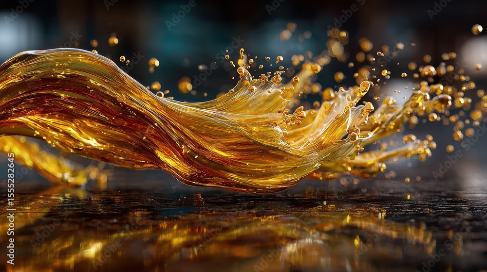 Poster golden liquid impacting on a dark surface creating a crown splash with bokeh effect background