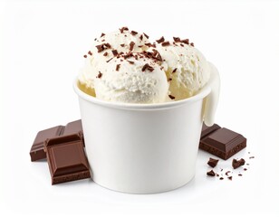 chocolate milk ice cream, stracciatella, paper cup, white background