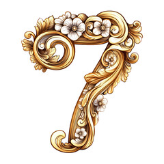 Ornate Golden Number Seven with Floral and Scrollwork Against Transparent Background